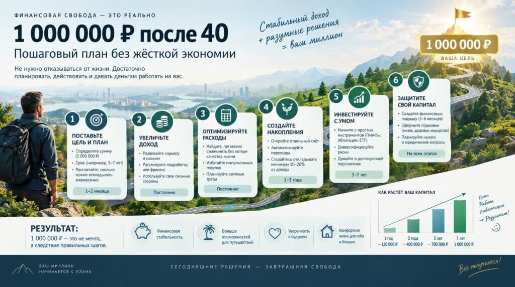 Первый миллион после 40: пошаговый план без экстремальной экономии.