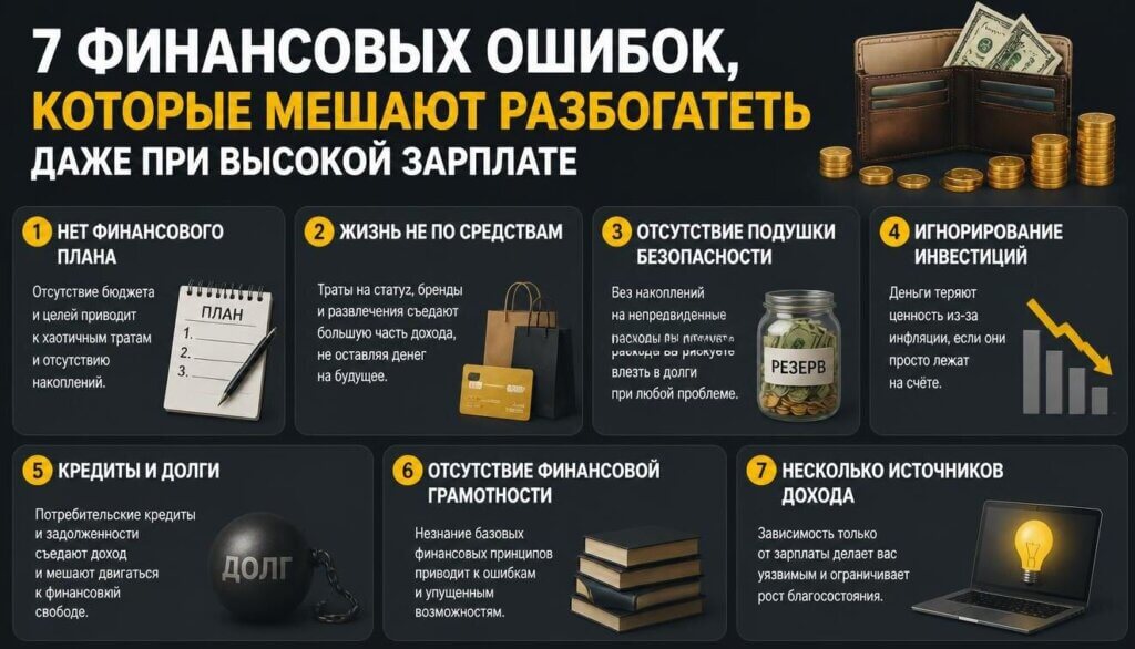 7 финансовых ошибок, которые мешают разбогатеть даже при высокой зарплате.